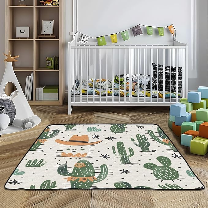 Baby Play Mat Green Cactus Cowboy Boho 50 x 50 Playpen Mat Baby Play Mats for Floor Play Gym Crawling Mat Non-Slip Cushioned Baby Playmat for Infants, Babies, Toddlers