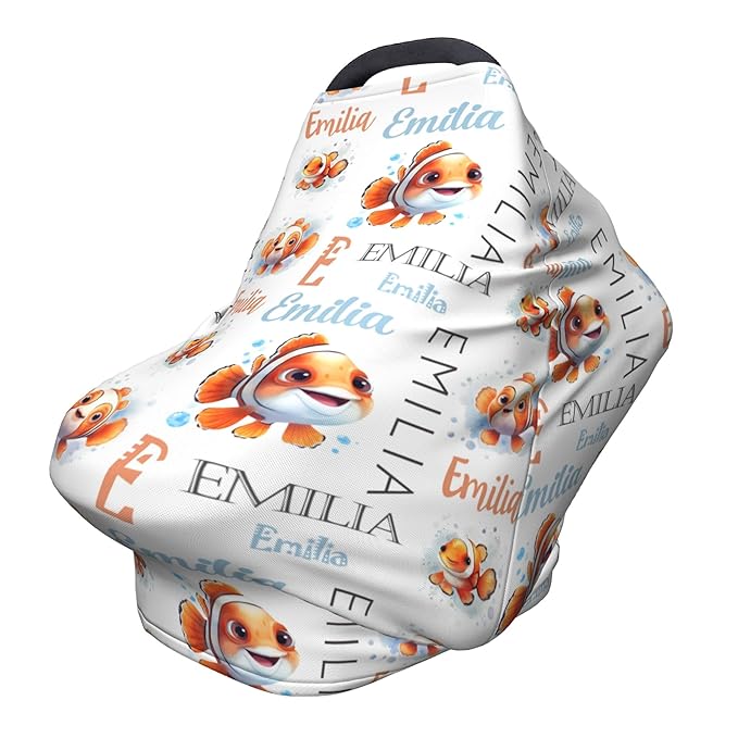 Personalized Baby Car Seat Cover with Name Stroller Canopy Custom Clownfish Carseat Cover Newborn Baby Boy Girl Nursing Cover for Moms First Birthday Gift