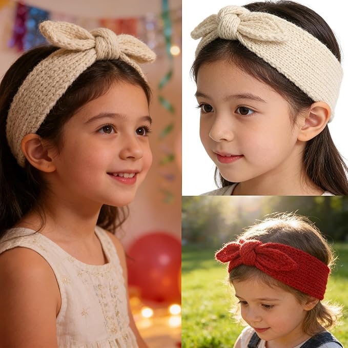 IZUS Turban Headband Baby Girl - Warm Rabbit Knot Hair Band, Knit Head Wrap for Newborn, Toddler and Children (Red + Beige)