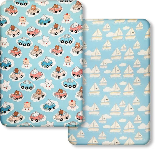 Pack and Play Sheets, 2 Pack Mini Crib Sheets for 38x26 Mattress, Stretchy Snug Fit Playard Fitted Sheet, Soft Breathable Cozy Material, Compatible with Graco Pack n Play for Baby and Toddler