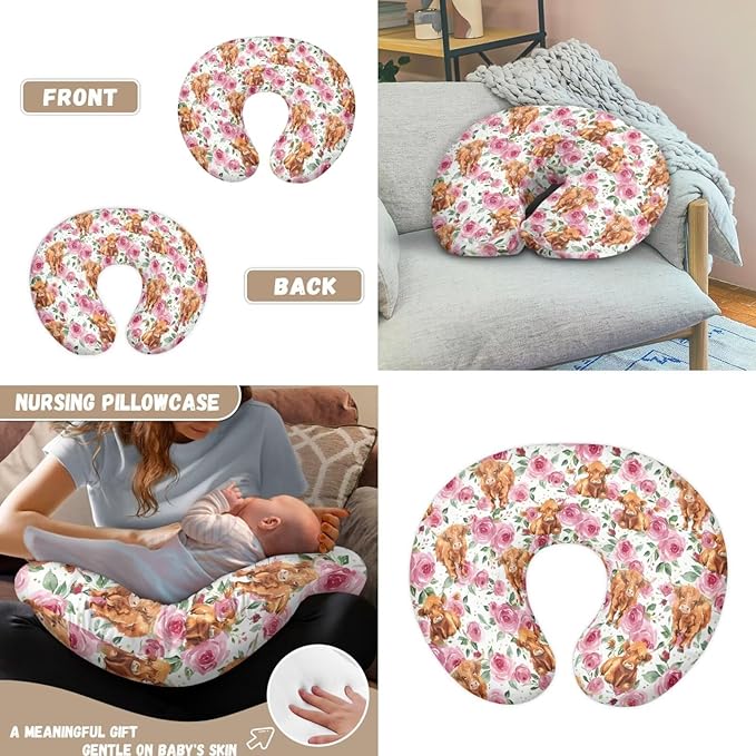 Flower Highland Cattle Baby Car Seat Cover with Nursing Pillowcase 2 Piece Set, Soft Stretchy Infant Carseat Canopy Cover Newborn Nursing Breastfeeding Cover for Stroller, High Chair, Shopping Cart