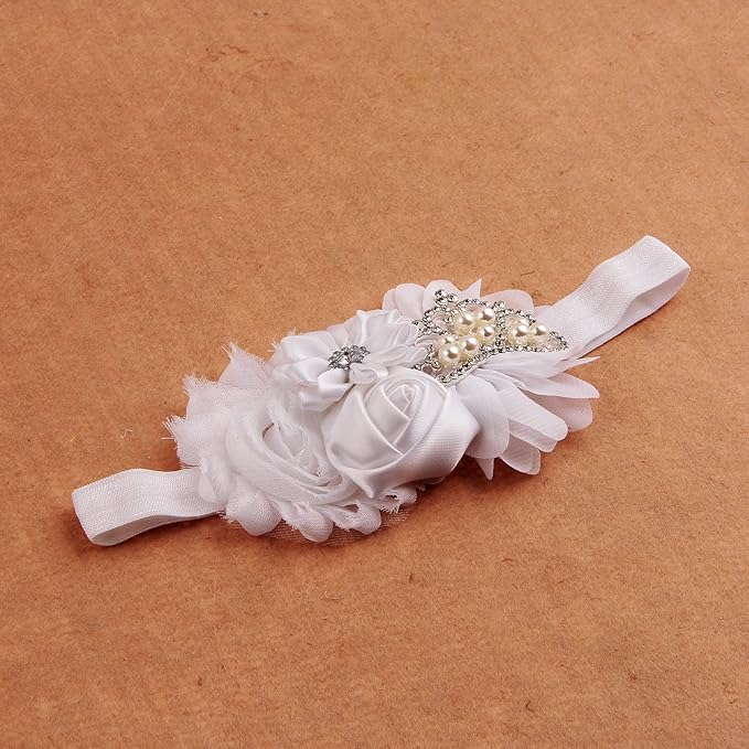 Nishine Baby Christening Headband Toddler Girls Fabric Flower Headband Tiara Stretchy Elastic in Pairs (Child, White/Mint)