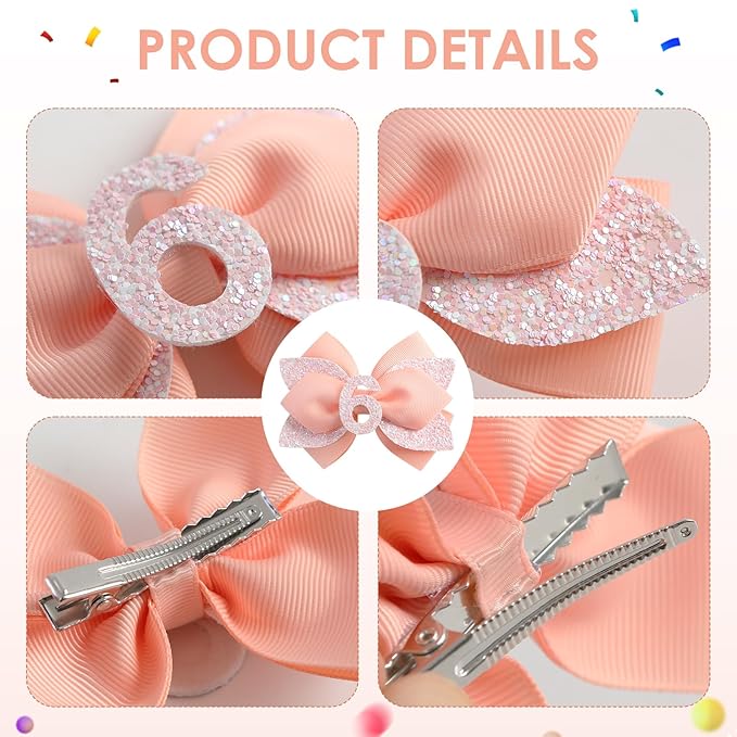 Glitter Birthday Hair Bow for Baby Girls 1 2 3 4 5 6 Years Peach Party Decoration Hair Accessories for Six 6th Birthday