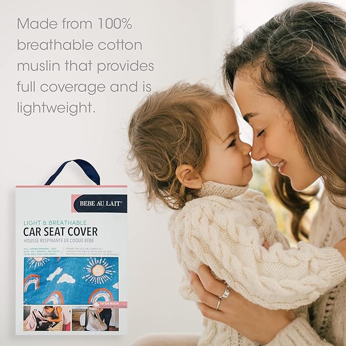 Bebe au Lait Classic Muslin Car Seat Cover -Perfect Baby Car Seat Covers for Babies, Car Seat Canopy, Unisex Baby Car Seat Cover- Easy Snap Straps, Fully Zippered Opening, Breathable- Hello Sunshine
