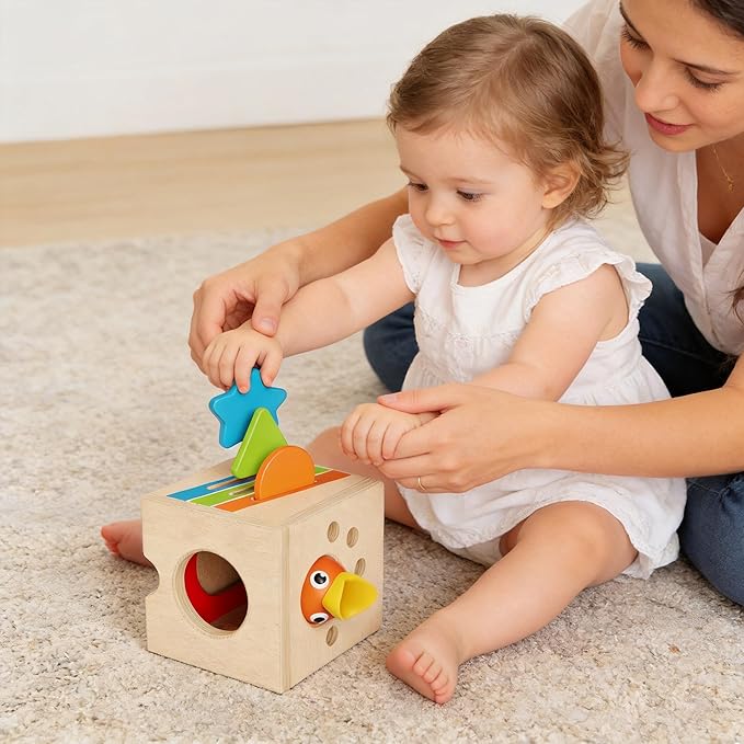 5 in 1 Montessori Toys for 2 3 Year Old Boys and Girls, Wooden Learning Toys with Object Permanence, Bird Feeding Game, Fine Motor Skills, Problem Sloving