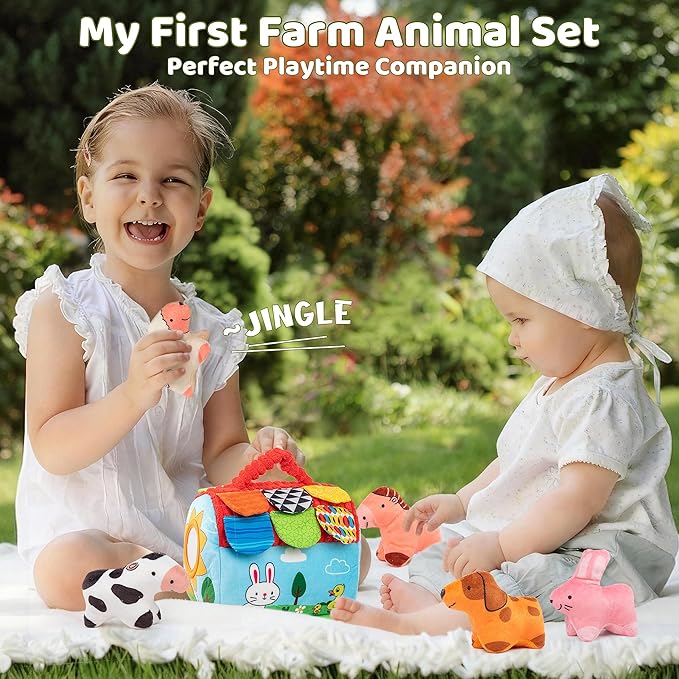 Baby Sensory Toys 6-12 Months, Montessori Stuffed Farm Animals with Rattle Crinkle Mirror, Soft Plush Toys for 6 Months+, Easter Basket Stuffers Gifts for Infant Boys Girls