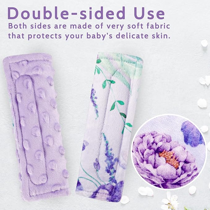 Carseat Strap Covers for Babies, Soft Seatbelt Covers for Kids, Reversible Baby Car Seat Strap Covers, Size: 6.5 x 6.5 inch, for Baby Car Seat, Stroller, Swing, High Chair, Purple Flower