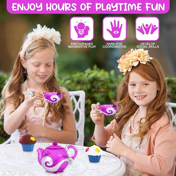 Princess Tea & Treats Water Toy Set - Girls Bath & Pool Tea Party Playset - Teapot, 2 Tea Cups, and 2 Silicone Cupcakes That Spray Water - Water Safe Toys - Toddler Summer Princess Party Favor & Decor