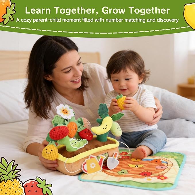 Plush Fruit Tree Toddler Learning Playset for 1 Year Old, Montessori Toys with Rattle Crinkle Textures Velcro, 10 PCS Play Food Toys Color Shape Number Matching Mat Fine Motor Skills Easter Baby Gifts