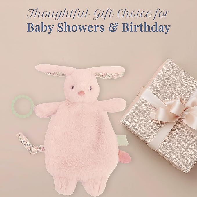 MON AMI Rosie Bunny Security Blanket with Silicone Teether | 12-Inch Plush Lovey for Babies | Soothing Sensory Snuggle Toy | Perfect Newborn Essential for Birthdays & Baby Showers