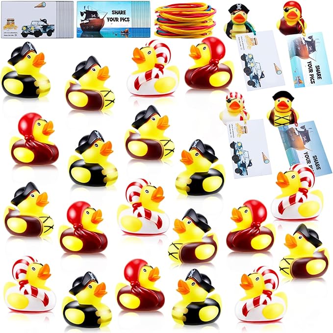 Poen 24 Pcs Carnival Pirate Rubber Ducks 2 Inch Cruise Yellow Duck with 24 Pcs Tags Bathtub Pool Toys Pirate Party Favors for Carnival Supplies Birthday Party Favor Gifts