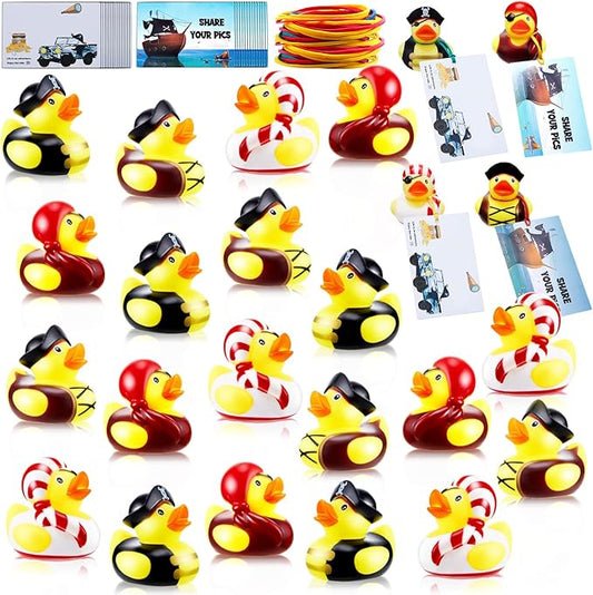 Poen 24 Pcs Carnival Pirate Rubber Ducks 2 Inch Cruise Yellow Duck with 24 Pcs Tags Bathtub Pool Toys Pirate Party Favors for Carnival Supplies Birthday Party Favor Gifts