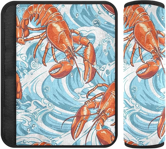 CHIFIGNO Orange Lobster Blue Sea Waves Seat Belt Covers 2 Pack Shoulder Seatbelt Pads Cute Car Seat Shoulder Protector for Adults Kids Women Men