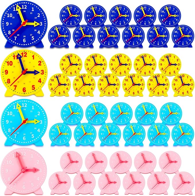 Batiyeer 24 Pcs Teaching Clock Kit for Kids to Tell Time Teaching Mini Geared Clock for Kids Basic Math Development Teacher and Classroom Supplies, 4 Inch(Dark Blue, Yellow, Pink, Sky Blue)