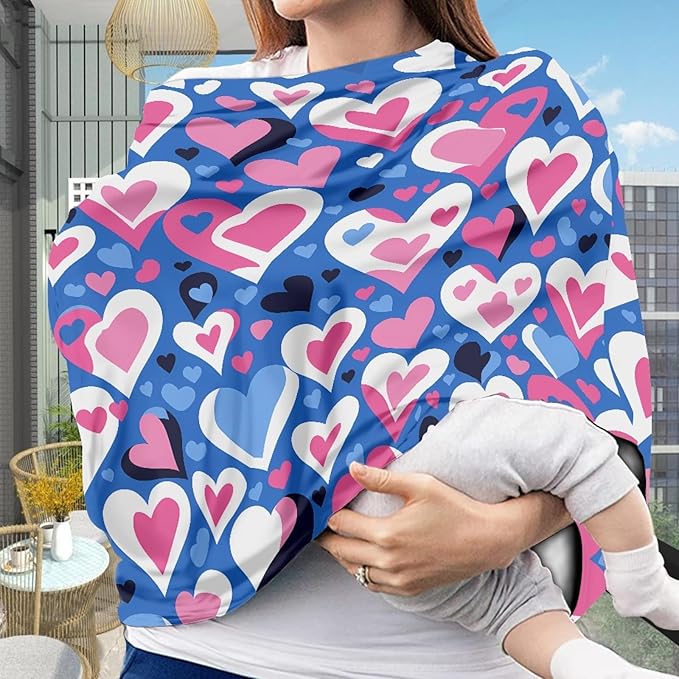 Love Heart Print Breathable Car Seat Canopies for Infant Girl Boys,Valentine's Day Theme Multi Nursing Cover Breastfeeding Cover Mom Scarf