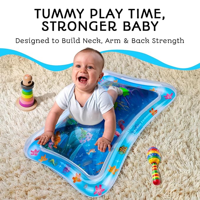 Tummy Time Water Mat – Inflatable Water Play Pad for Babies - Sensory Tummy Time Mat for Floor Play - 100% BPA-Free & Leakproof - Baby, Infants 3-12 Months – PAC3 - Blue - Avec Maman