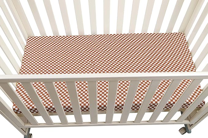 Onacosht Muslin Mini Crib Sheets, 39" x 27" Pack and Play Mattress Sheets Fitted for Pack N Play, Soft Cotton for Boys Girls, 2 Pack, Checker and Brown