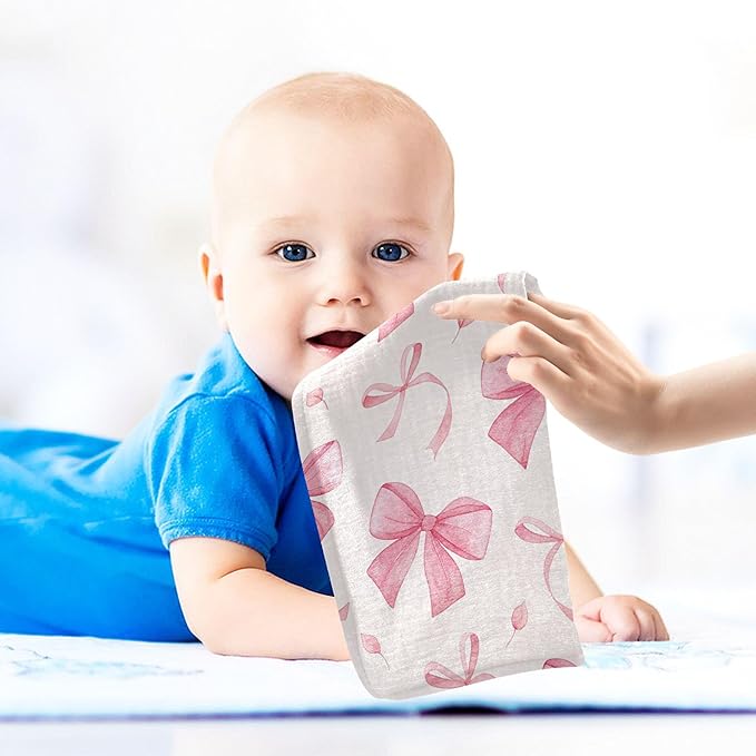 Burbuja Pink Bow Baby Washcloths - Muslin Cotton Soft Absorbent Baby Towel for Newborn Baby Sensitive Skin - Baby Essential Item, 12x12 in, 5 Pack