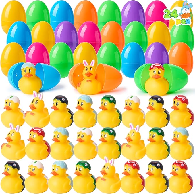 JOYIN 24 Pcs Prefilled Easter Eggs with Rubber Ducks, Variety Duckies for Easter Egg Hunt, Kids Basket Stuffer, Bath Toy Party Favors, Classroom Prize Supplies
