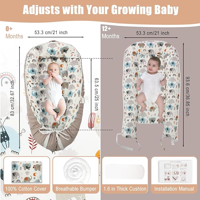 Baby Lounger - Baby Lounger for Newborn, 0-24 Months, Reversible Adjustable Newborn Lounger Baby Nest for Home and Travel, 100% Organic Cotton Washable Infant Lounger Cover, Essential Baby Gift (Grey)