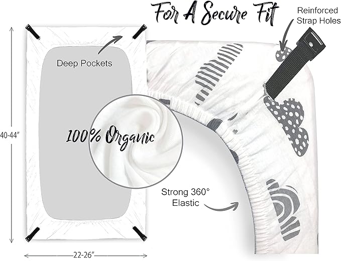 100% Organic Cotton Fitted Travel Crib Sheets, Perfectly Compatible with Guava Lotus, BabyBjorn, Dream On Me and All mattresses 22-26" Wide by 40-44" Long. Strap Holes in Corners. 2 Pk