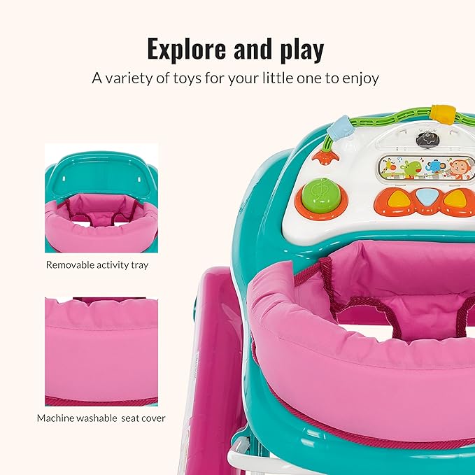 Dream On Me 2-in-1 Ava Baby Walker, Easy Convertible Baby Walker, Walk Behind, Height Adjustable Seat, Added Back Support, Detachable-Toy Slate, Teal Pink