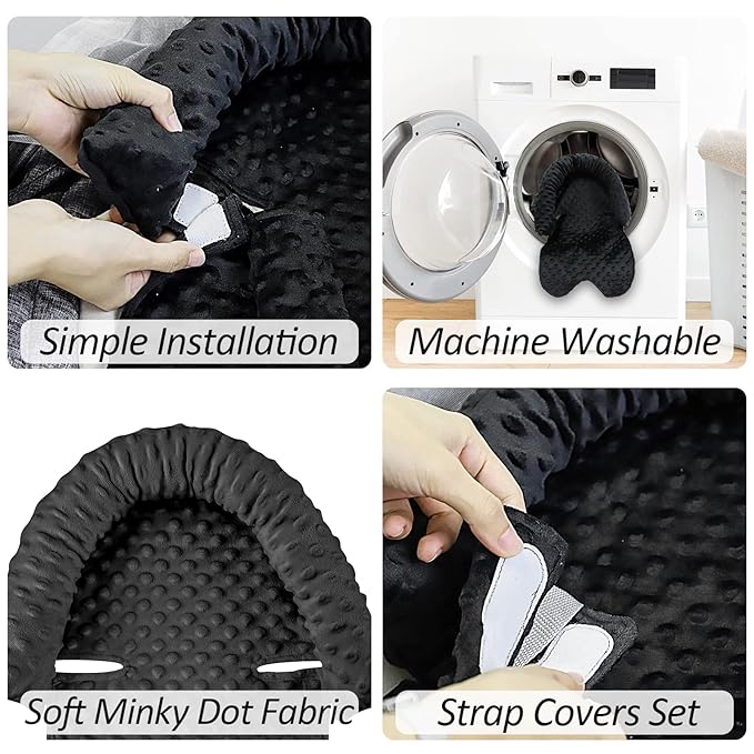 Pea Pod Infant Carseat Insert Baby Car Seat Head and Body Support with 2 Strap Covers, Ultra Soft Warm Minky Dot Fabric Backing, Baby Essential for Newborn, Black