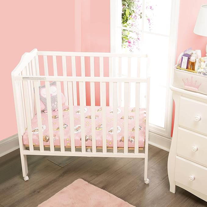 2 Pack n Play Mattress Sheets – 100% Jersey Knit Cotton Soft Portable Crib Mattress Sheet for Girls with Pink and Yellow Precious Moments Design; 2 Pk Playpen Mattress or Mini Crib Fitted Sheet Set