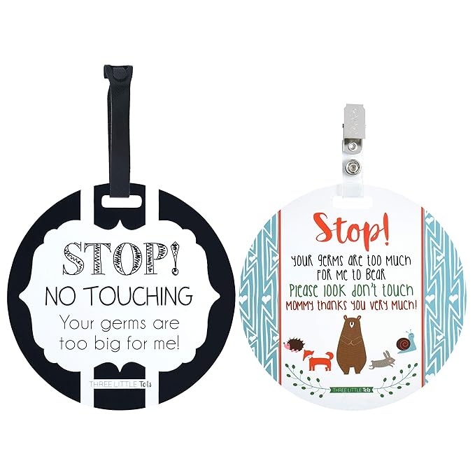 (Three Little Tots) No Touching Baby Car Seat and Stroller Two Pack- Baby Safety No Touching Car Seat Sign, Stroller Sign, Newborn Car Seat Tag- CPSIA Safety Tested (Woodlands/Black White)