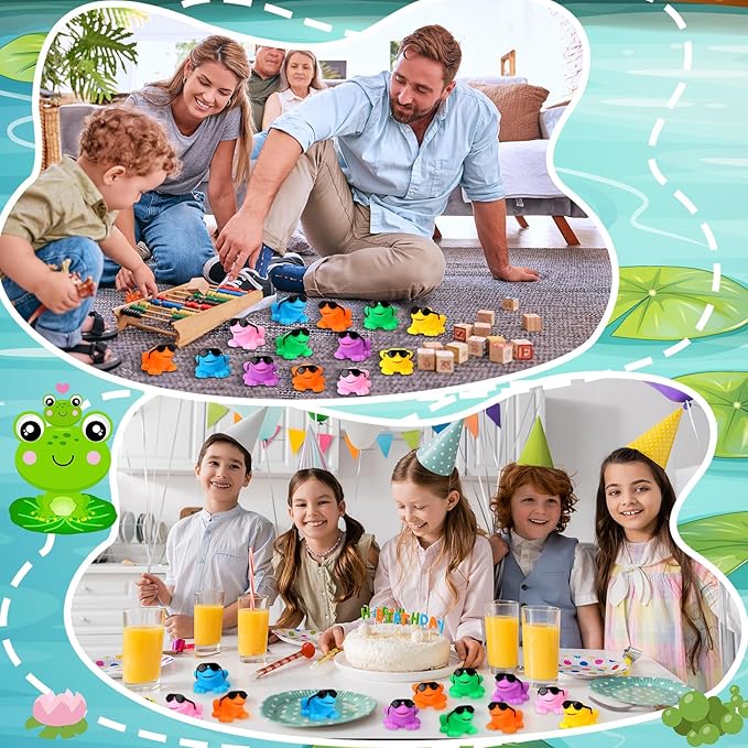 Halloscume 48 Pack Mini Rubber Frogs Bulk with Sunglasses Small Squeaky and Floating Frog Toy Swimming Shower Frog for Summer Birthday Party Easter Basket Stuffers Classroom Exchange Carnival Prize