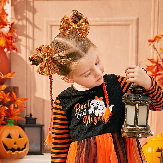 Halloween Hair Bows Clips Orange Sequin Hair Bows for Girls Halloween Alligator Clips Yellow Sparkly Glitter Cheer Barrettes Clips Hair Accessories for Little Teen Toddler Girls Kids Gifts