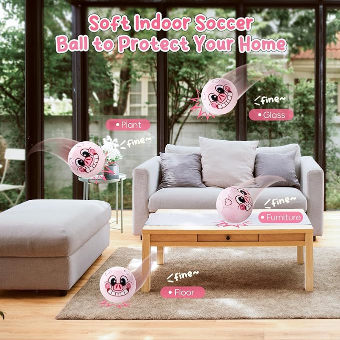 VangeBow Silent Indoor Soccer Balls for Toddlers 1-3, Inflatable Soft Plush Baby Toddler Soccer Ball Toys Gifts for 1 2 3 4 5 Year Old Boy Girl First Birthday Gift (Pink Piggy, Pump Include)
