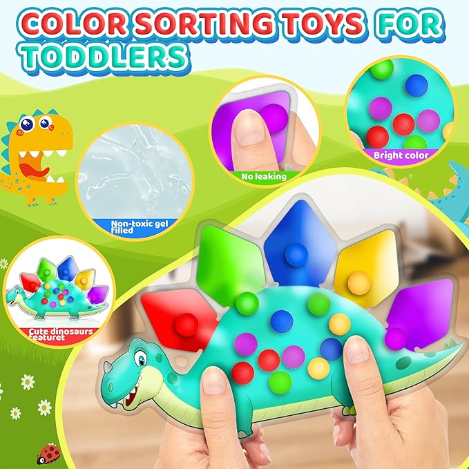 Dinosaur Color Sorting Sensory Toy Roadtrip Travel Essenstial for Toddler Boys Dementia Gift Fine Motor Autism Fidget Preschool Classroom Activities for Kid Valentine Day Easter Basket Stuffer