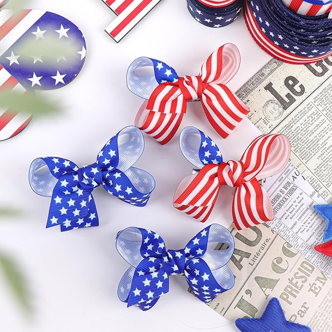 YanJie 4th of July 3'' Bow Hair Clips 4pcs Red Blue Ribbon Star Baby Girl Clips American Flag Clips Patriotic Hairpins Girls Hair Accessories