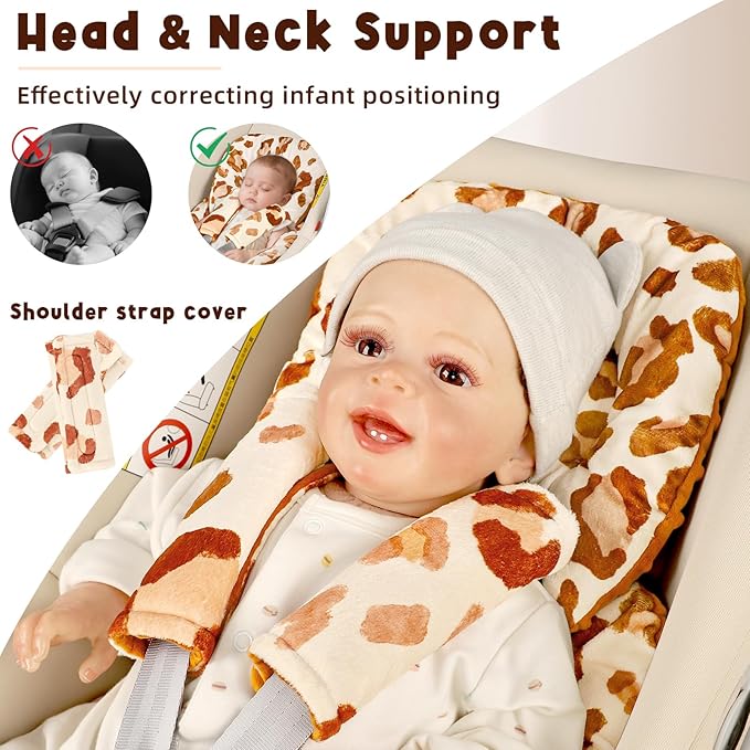 Infant Car Seat Insert Head and Body Support, GFU Reversible Newborn Insert for Carseat With Strap Pads, Soft Stroller Cushion Pillow Insert for Boys and Girls, Fits for Stroller, Swing, Leopard Print