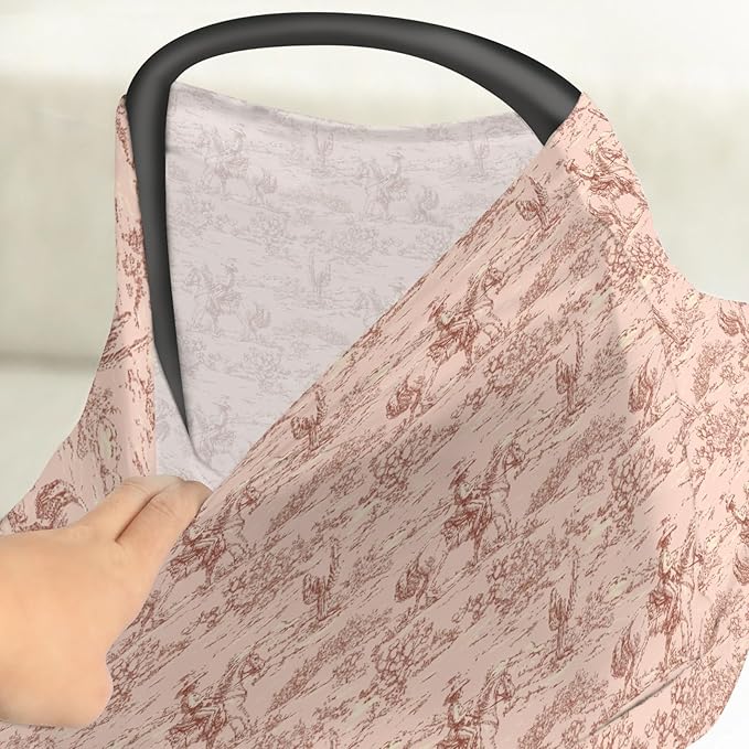 Vintage Western Cowboy Baby Car Seat Covers Retro Cowboy Cactus Horse Stretchy 5-in-1 Cover Adjustable Infant Carseat Canopy Cover Wild Desert Country Breathable Nursing Cover-Up