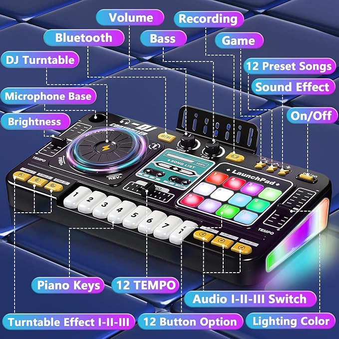 OZMI Kids DJ Music Mixer Table Board Set Toy with Microphone, Lights – Interactive Musical Toys for Ages 3-12 | 100+ Sounds, Piano Keys, Disco Mode, Rechargeable for Kids Boys & Girls