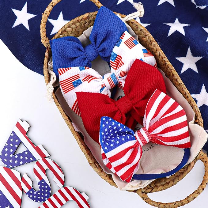 4th of July Baby Headband Set - Patriotic Hair Bows and Nylon Headband for Newborns and Toddler Girls - 4Pcs Red American Flag Design