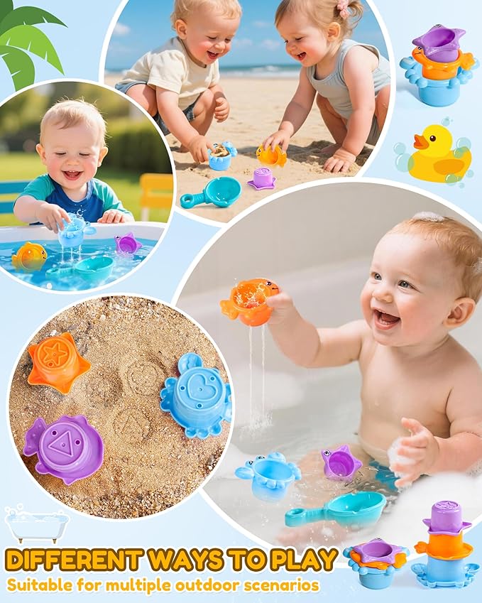 Baby Bath Toys for Kids Ages 1-3 2-4 Toddler Bathtub Water Toys with 3 Strong Suction Cups Battery-Free Duck Waterfall Sensory Shower Toys with Stacking Cups for 18+ Months Boys Girls Birthday Gifts