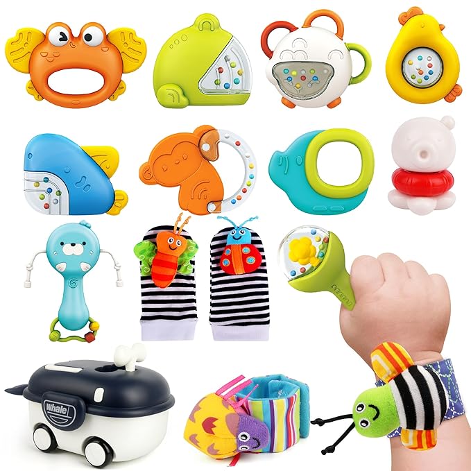 Vanmor Baby Rattles 0-6 Months | Sensory Toys for Infants 6-12 Month, Wrist Rattle Socks, Foot Finder & Teething Toys | Teether Grasping Shaker for Newborn, Must Haves Montessori Baby Shower Gifts