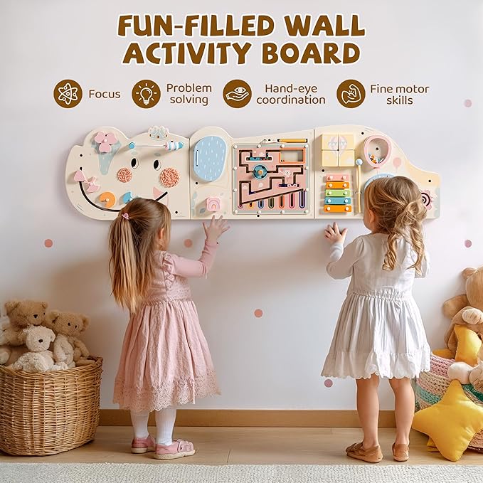 ROBUD Elephant Montessori Busy Board, 12-in-1 Activity Wall Busy Board, Montessori Sensory Wall Panel for Boys & Girls, Toddler Learning Activity Center for Playroom, Nursery, Beige
