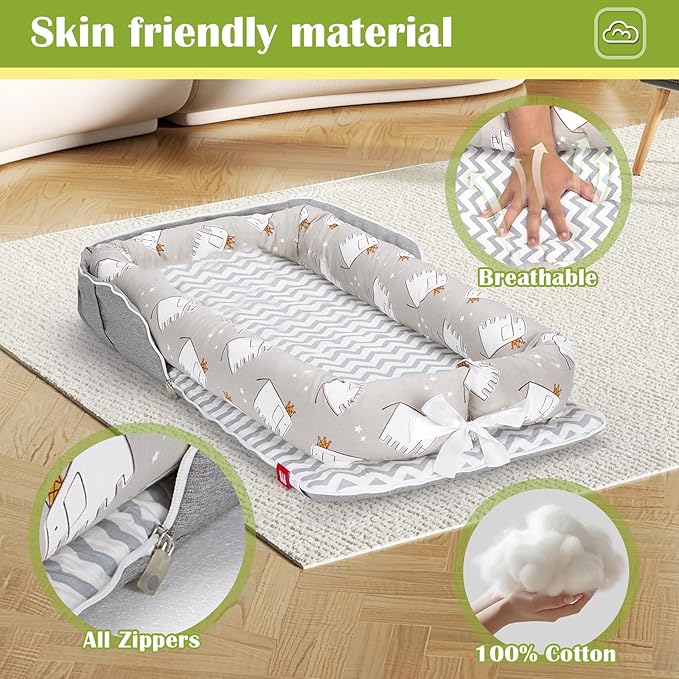 Baby Lounger for Newborns & Infants 0–24 Months, 100% Cotton Breathable Infant Support Cushion with Adjustable Size, Portable Baby Nest for Home and Travel, Baby Shower Gift (Elephant Grey)