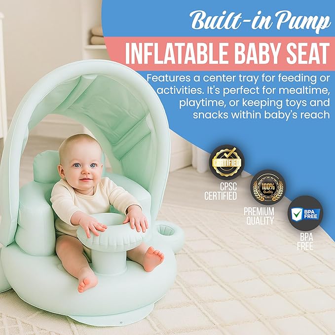 Blow Up Inflatable Baby Seat for 3-36 Months w/Built-in Pump & Detachable Canopy, Sit Me Up Floor Seat for Baby w/Safety Straps, Inflatable Infant Chair (Canopy + Cup Holders) is Ideal Summer Gift