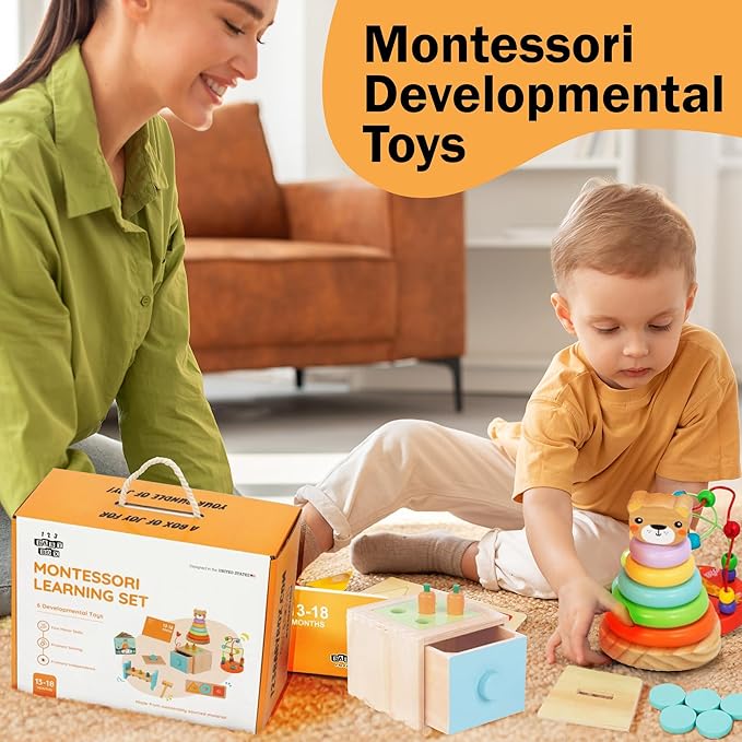 6-in-1 Montessori Learning Toys for 13-18 Months - Toddler Developmental Activity Set with Bear Tower, Pound Bench, Beads Coaster & More Educational Wooden Toys