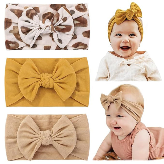 jollybows 3PCS Baby Nylon Headbands Hairbands Hair Bow Elastics for Baby Girls Newborn Infant Toddlers Kids (6-Khaki+Mustard+Leopard, 1 Count (Pack of 3))