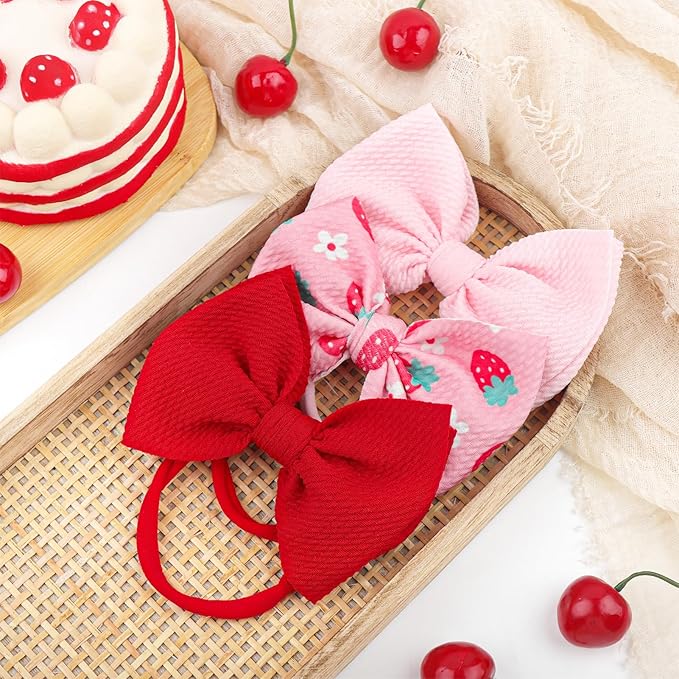 3 Pcs Baby Girl Headbands 4.5’’ Pink Bows Strawberry Hair Accessories Summer Outfits for Newborn Infant Toddler Girls Clothes