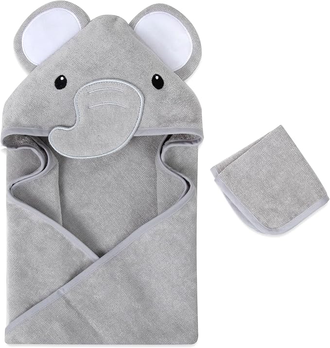 Baby Animal Hooded Towel and Washcloth Set for Newborns, Infants, Toddlers Boys and Girls 3-24 Months (Elegant Grey Elephant)