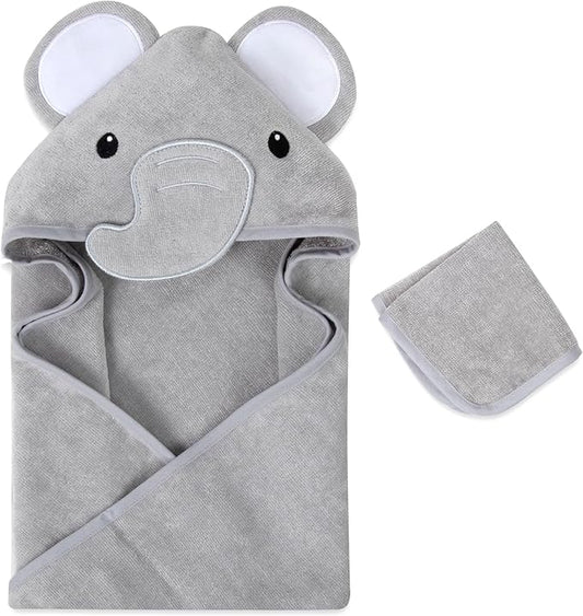 Baby Animal Hooded Towel and Washcloth Set for Newborns, Infants, Toddlers Boys and Girls 3-24 Months (Elegant Grey Elephant)