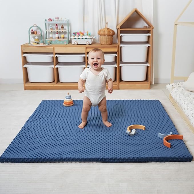 Huloo Sleep Baby Floor Play Mat for Playpen, Extra Thick 50"x50" Padded Mat with Ultra Soft 3D Minky Dot & Removable Washable Cover, Non-Slip & Safe for Crawling,Tummy Time,Infant/Toddler(Dark Blue)