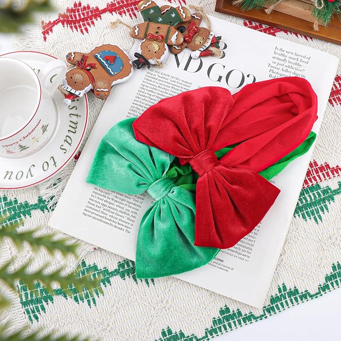 YanJie Christmas Headbands Girls Red Hair Bow Green Velvet Bows Toddler Newborn Bows Nylon Hairbands Infant Hair Accessories Christmas Gifts